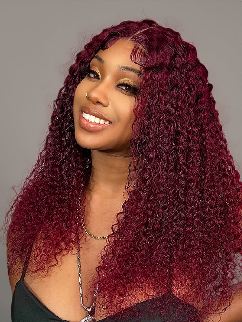 Beme Glueless ReadyWear 13x4 Burgundy Jerry Curly Wig 100% Human Hair